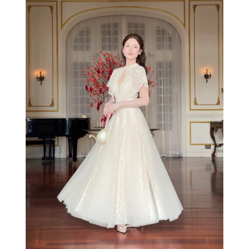 SÒ VINTAGE - ELORY đầm ren 2 dây kèm choàng vai phom xòe